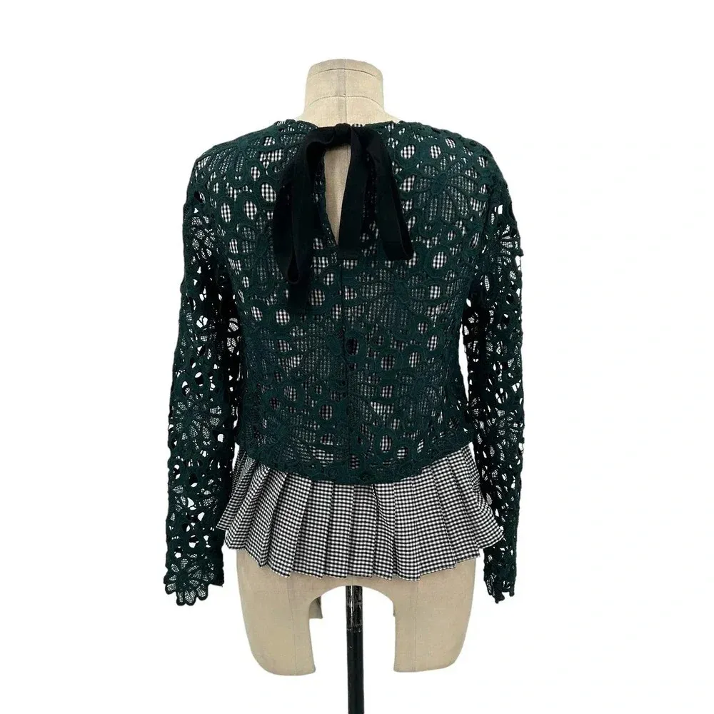 Anthropologie Maeve Gabriella Top Blouse Peplum Gingham Lace Green‎ Size XS - Image 7