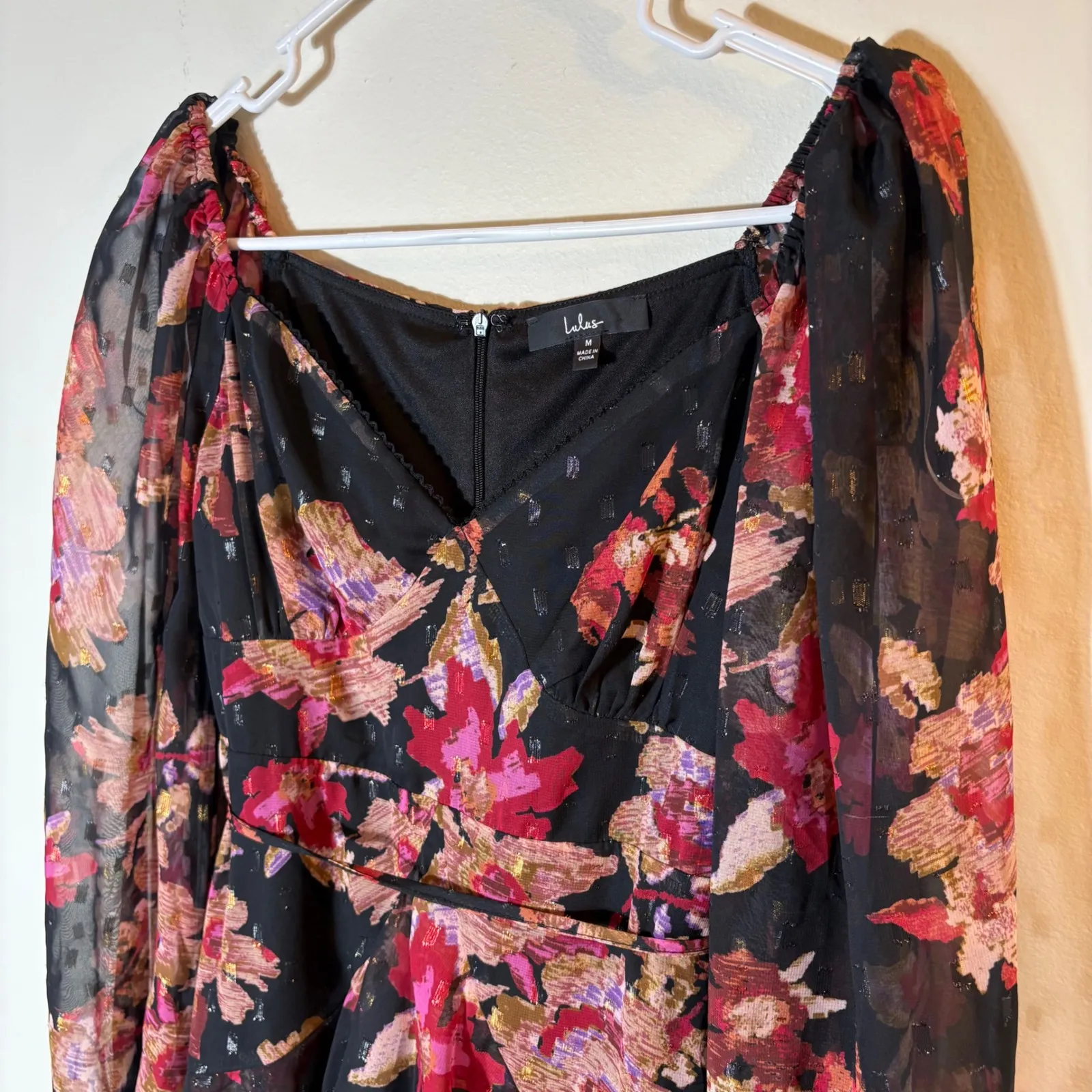 Lulus Dramatically Dreamy Black Floral Chiffon Tiered Lurex Mini‎ Dress Medium - Image 4