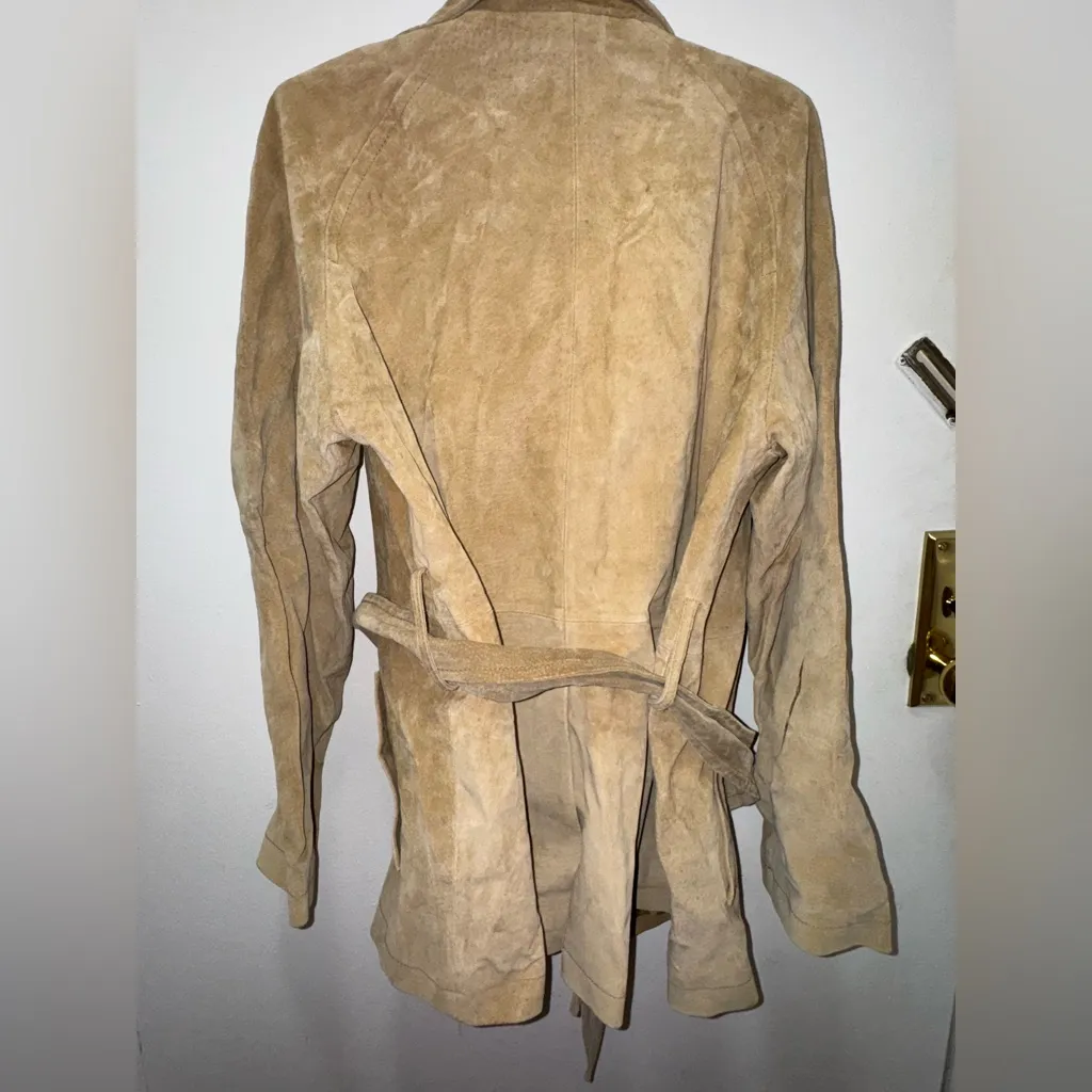NEW Margaret Godfrey Tan Open Front Belted Suede Beige Jacket Lined Sz Large - Image 3