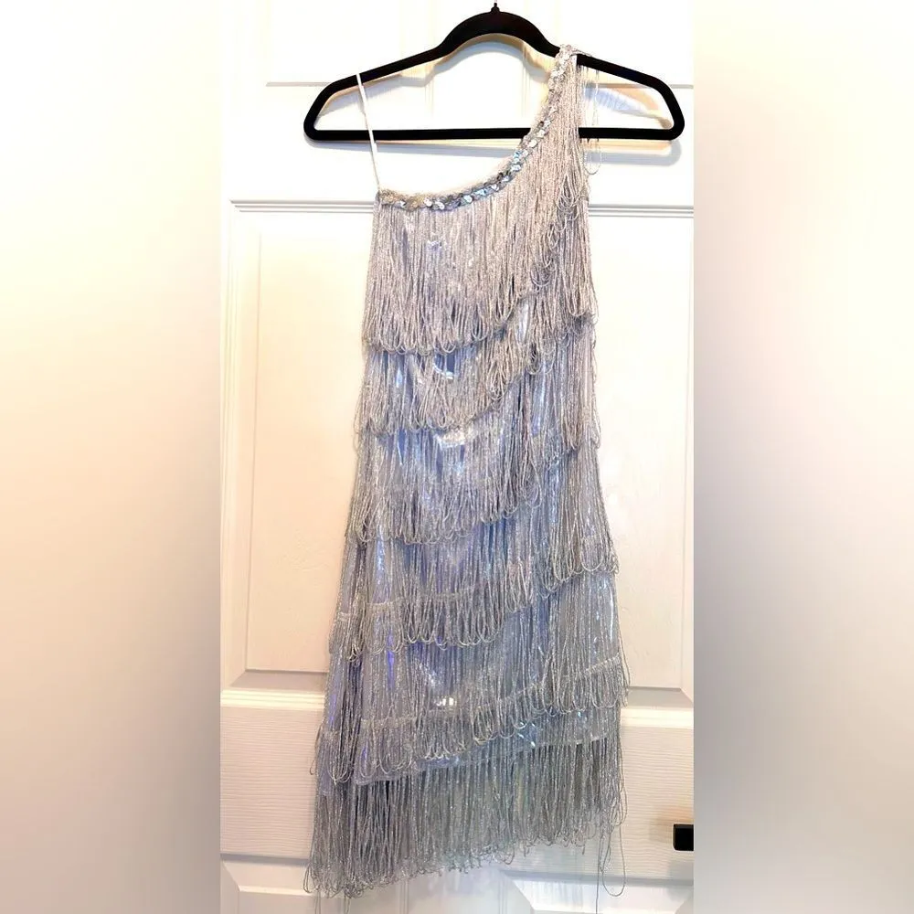 Shimmery Silver Flapper 20's Vibe Costume - Image 2