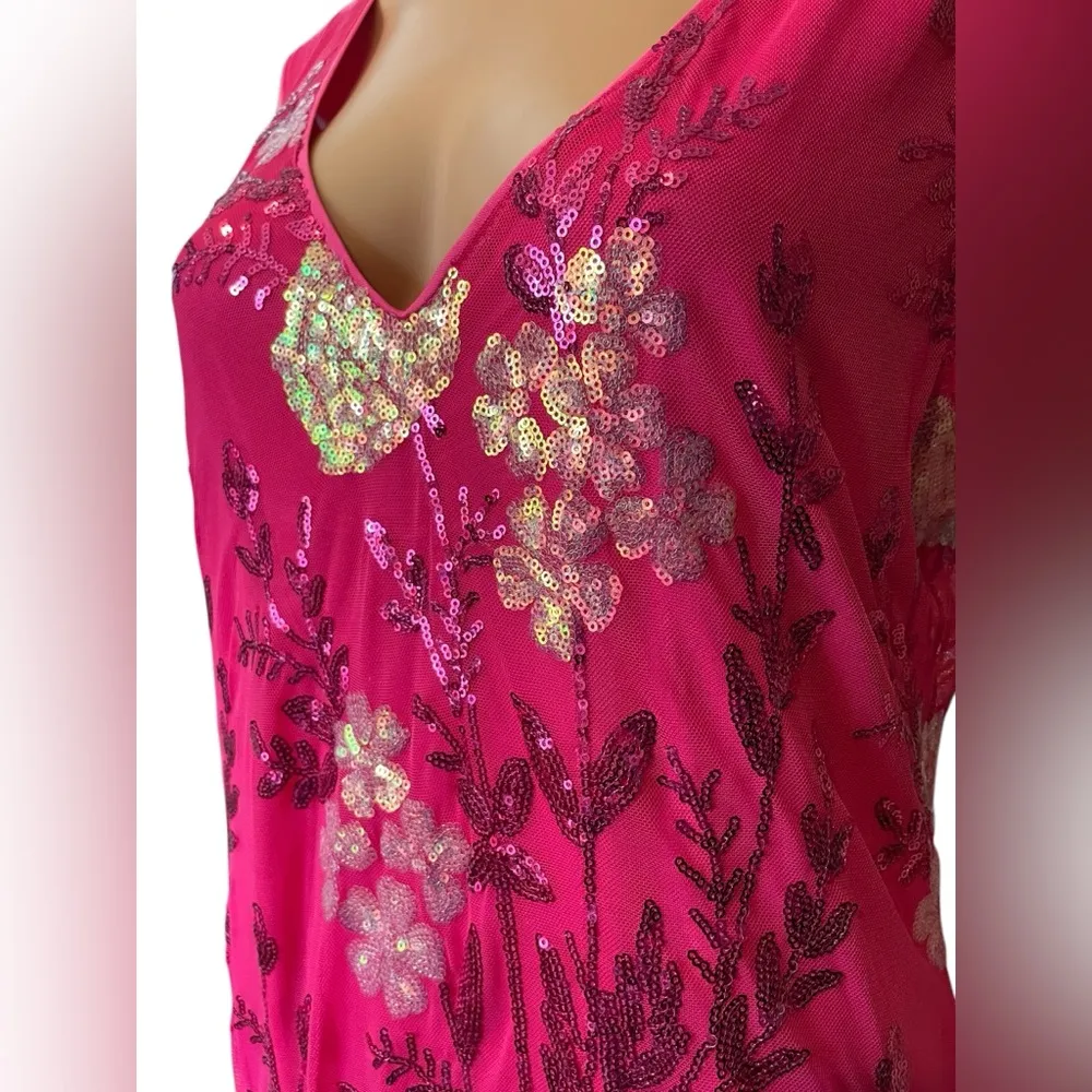 Pink Silver Sequin Embroidered Floral Preppy Barbie Glam Party Midi Dress Size XL - Image 3