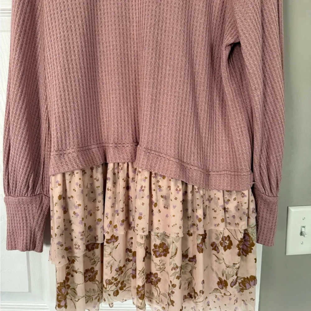 FREE PEOPLE Textured Mixed Media Sweater Dress Floral Hem Layered Bohemian Boho - Image 4