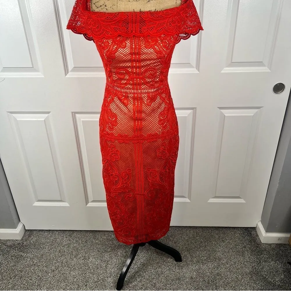 Sz S Stylestalker Stella Midi Off the Shoulder Red Lace Dress $241 MSRP - Image 3
