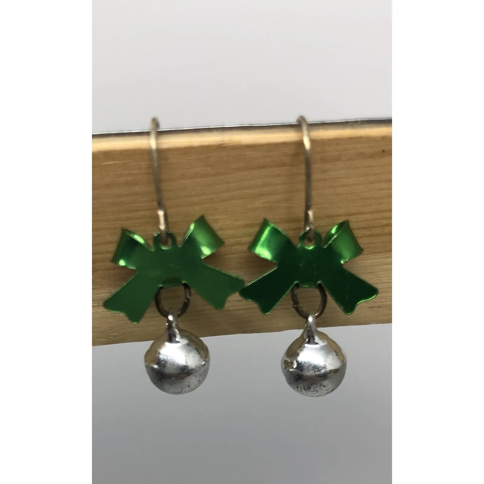CHRISTMAS SILVER JINGLE BELLS, GREEN BOW FISH HOOK BACK‎ EARRINGS - Image 3