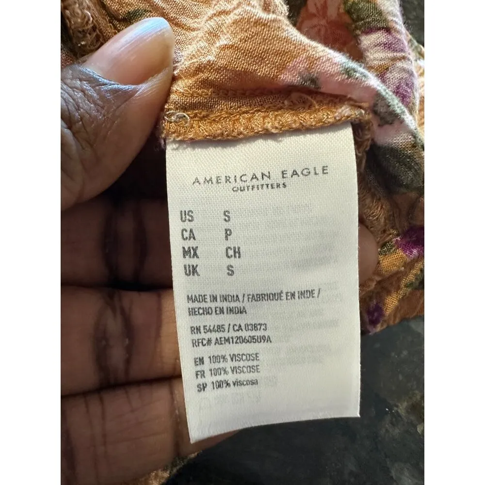 American Eagle Women's Babydoll Sundress Mustard Yellow Floral Smocked Back Cott - Image 4