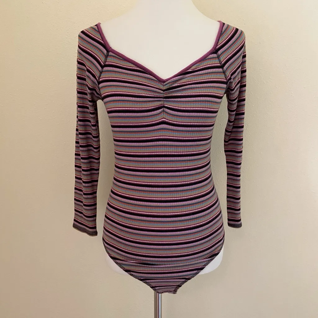 Free People Ribbed Knit Long Sleeve Put A Stripe On It Thong Bodysuit - Image 5