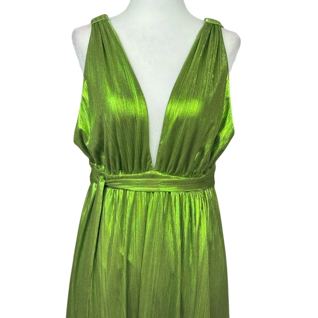 NEW Sincerely Jules Womens L Green Metallic Deep Neck Shiny Pleated Gown Stretch - Image 6