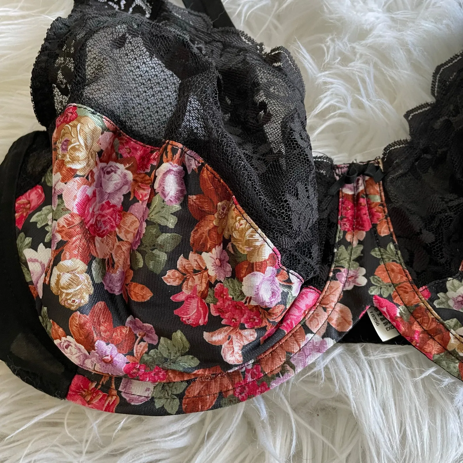 Vintage 80s Daye Rose Sears Floral Satin Black Lace Underwire Bra 38D 38 D New - Image 2