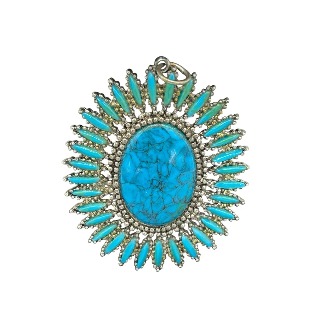 Vintage Turquoise Sunburst Pendant Boho Southwestern Statement Blue - Image 7