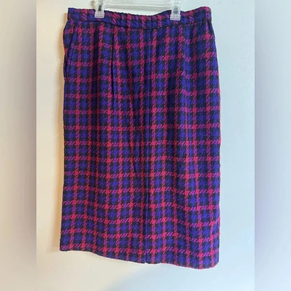 Vintage KORET Womens Petites‎ Wool straight Skirt purple pink Plaid USA Size 14 Blue - Image 2