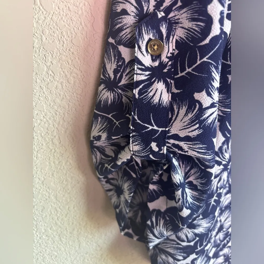 Michael Lots Kors Navy White Tropical Hibiscus Floral 1/2 Zip Blouse M Blue Size M - Image 4