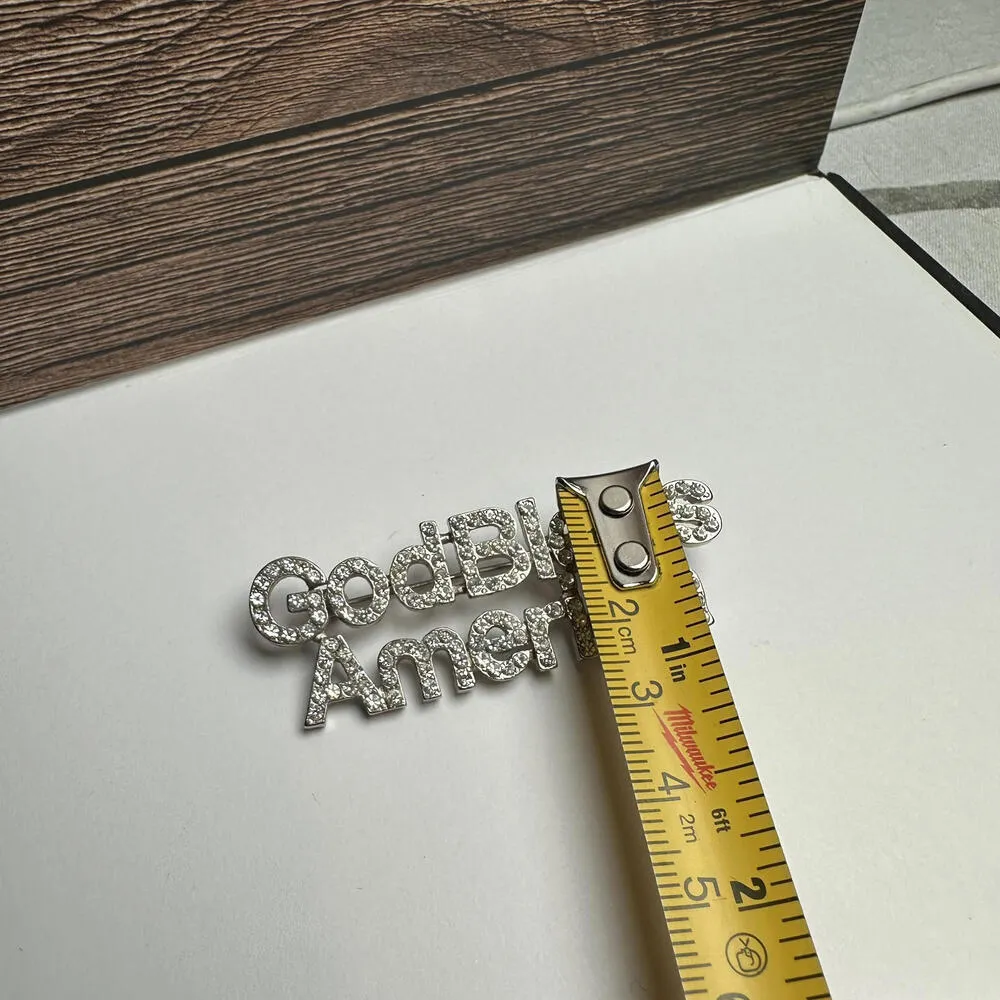 God Bless America Rhinestone Brooch Pin Silver Tone Clear For American Patriot - Image 3