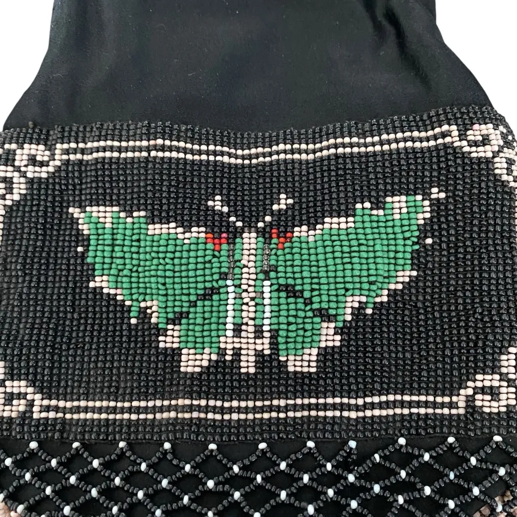 Vintage Silk Black Green Butterfly Beaded Bag Purse Silver Tone Handle Chain - Image 2