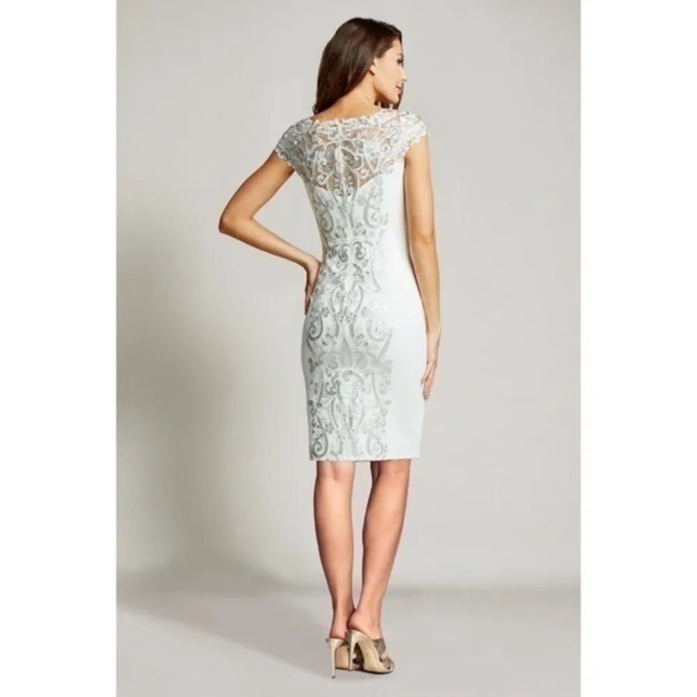 Tadashi Shoji Mayu Sequin Embroidered Silver Ivory Knee Length Formal Dress XL - Image 3