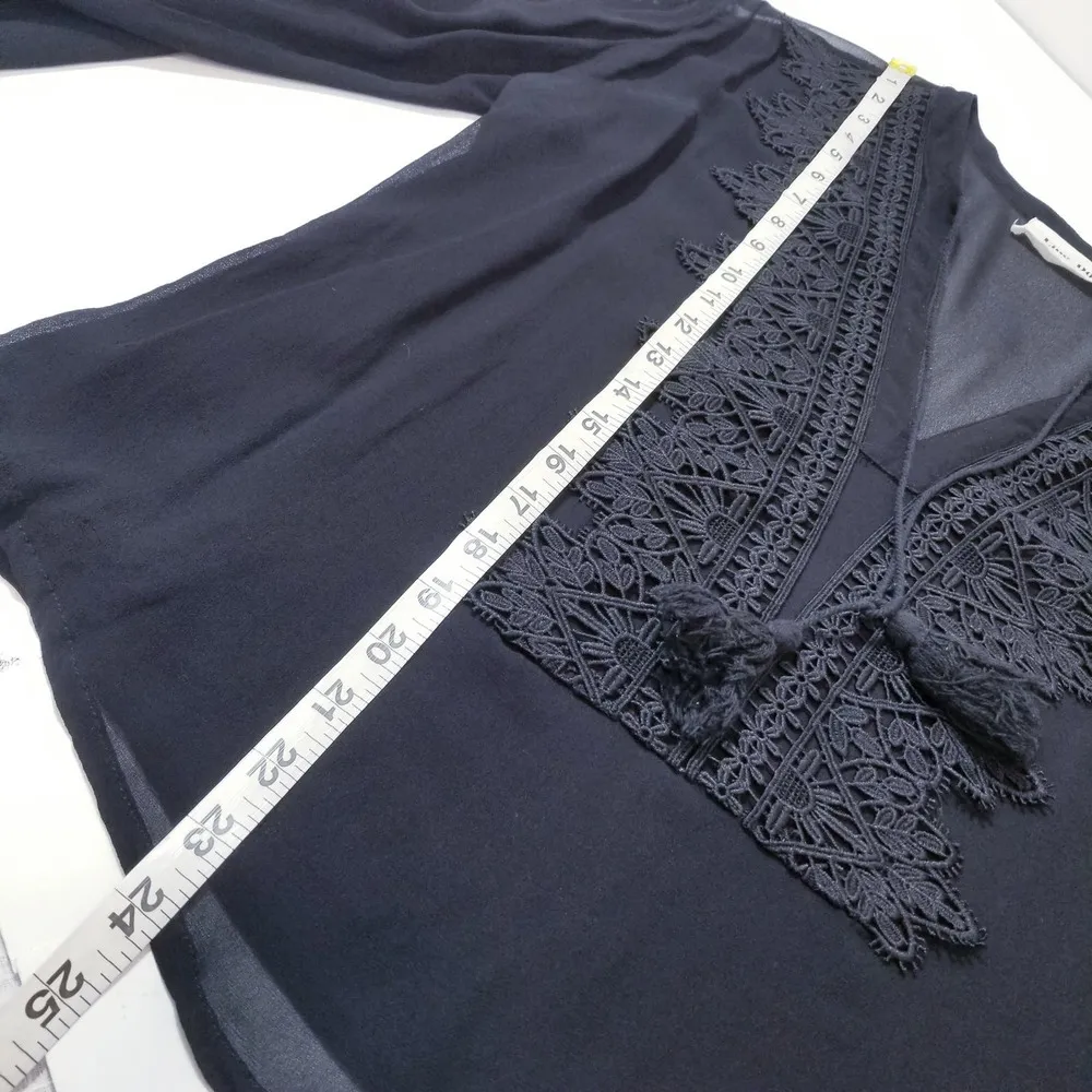 Line and Dot Black Crochet Tassels Deep V-neckline Sheer Blouse Long Sleeves - Image 7