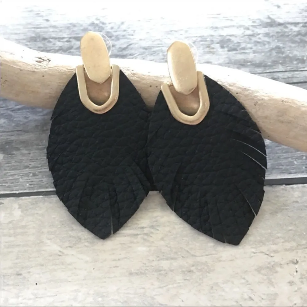 Black Vegan leather leaf earrings w/ brush gold - Image 2