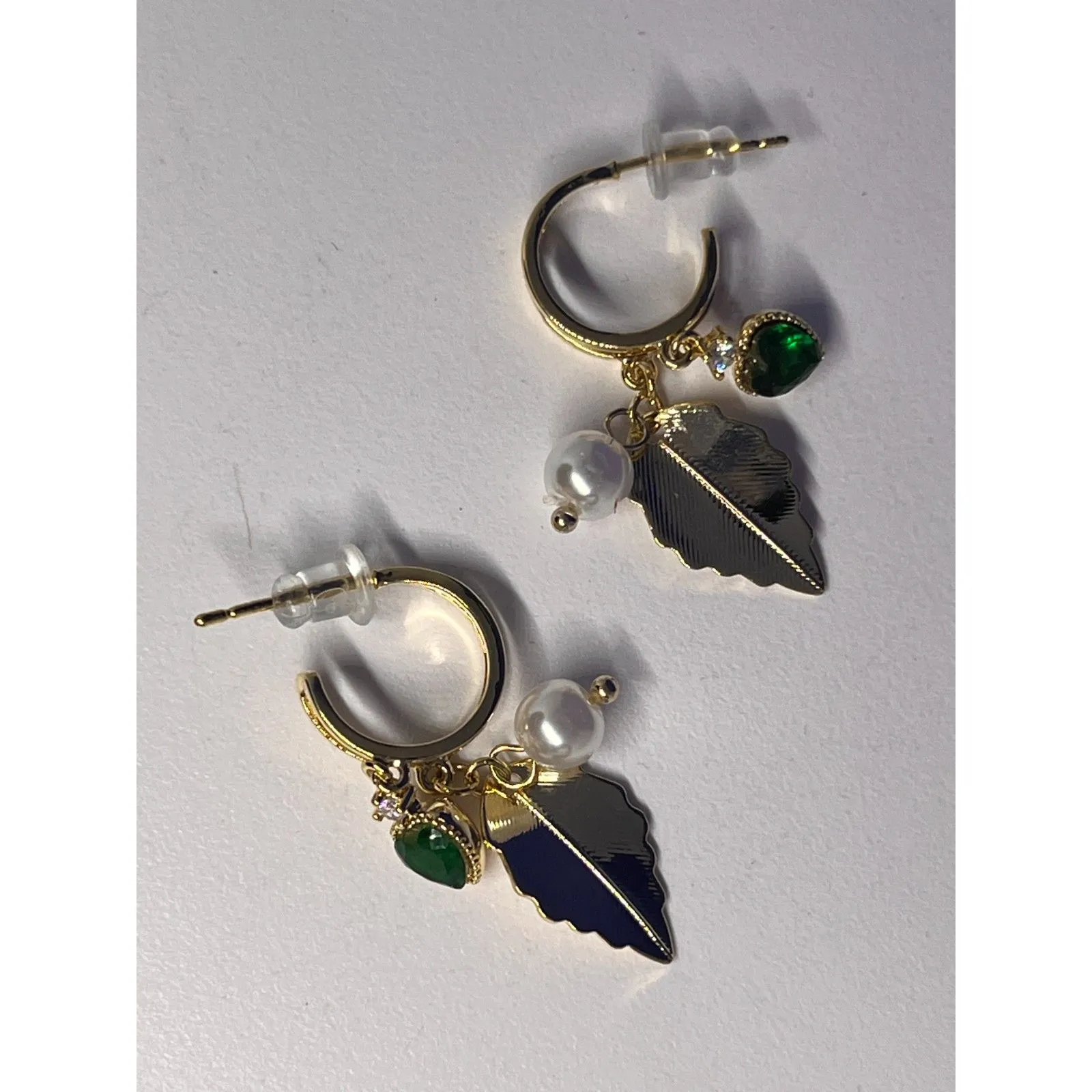 Zircon & Faux Green Pearl Leaf Drop Earrings – 18K Gold Plated NWT - Image 2
