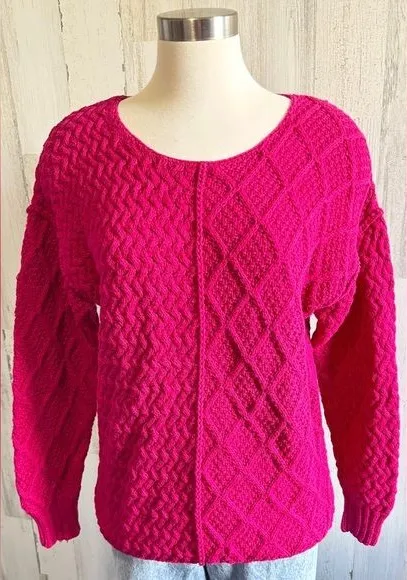 Vintage 90s Hand Knit for The Limited Fuchsia Sweater small layering classic Pink - Image 1