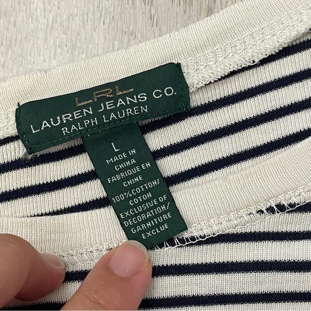 LRL Lauren Jeans Co. Tshirt striped patch womens Cream (large) edgy contemporary Black - Image 2