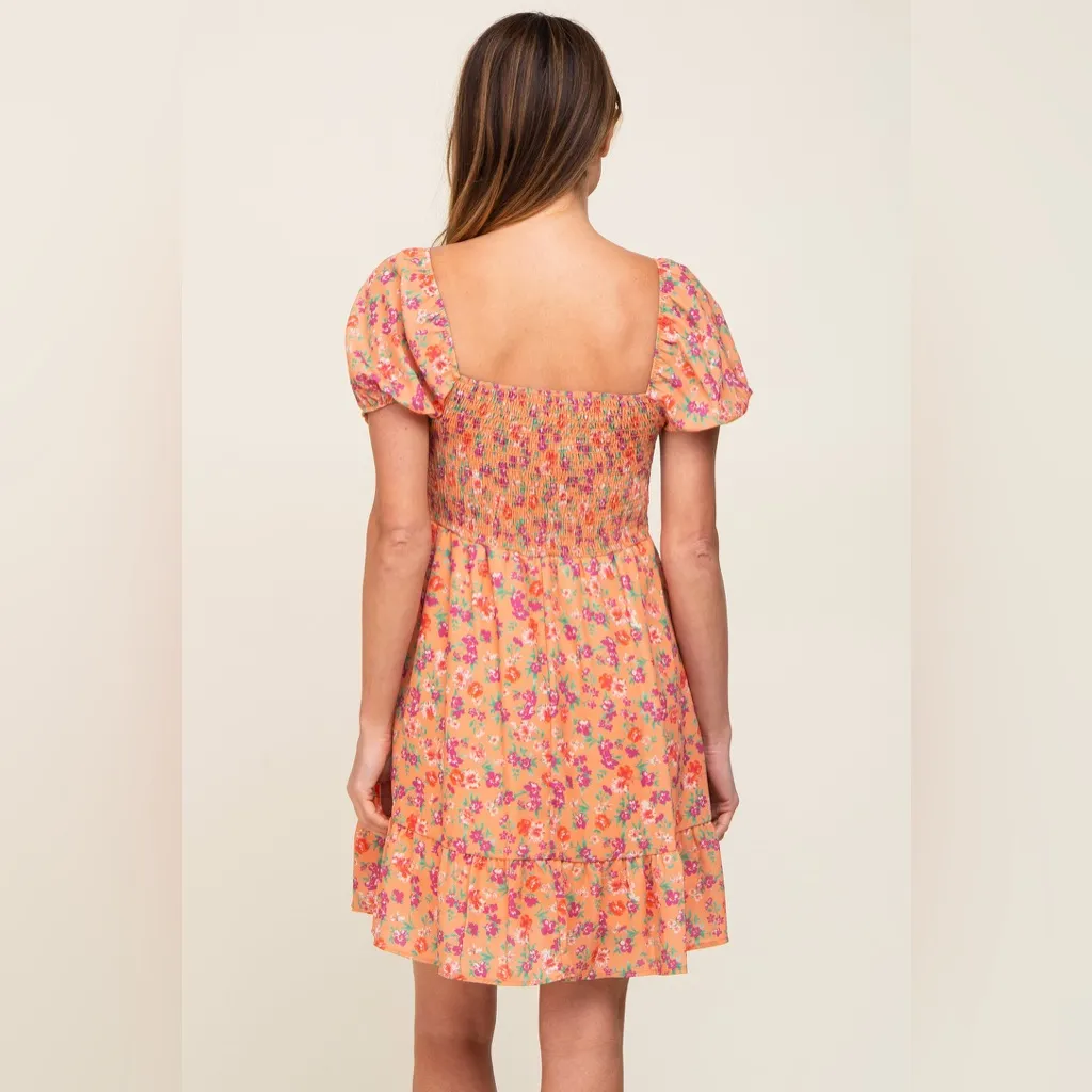 Peach Love California Orange Floral Sweetheart Ruched Front Dress Size Small - Image 3