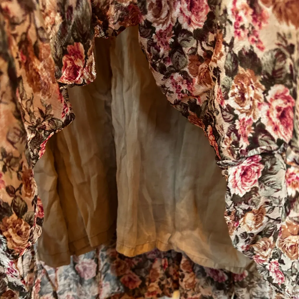 Vintage 80s Chiffon Floral Maxi Dress Whimsygoth Fairy Grunge Cottage Size XL Tan - Image 7