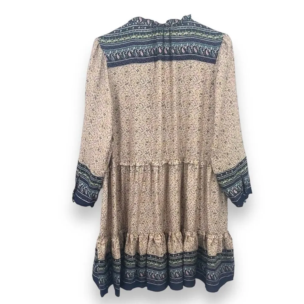 Veronica Beard Lumi 100% silk dress ruffle hem knee length tan navy size 14 NEW - Image 6