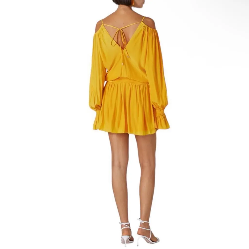Ramy Brook Evan Marigold Ruched Mini Dress Women’s‎ Size 8 Long Sleeve V Neck - Image 2
