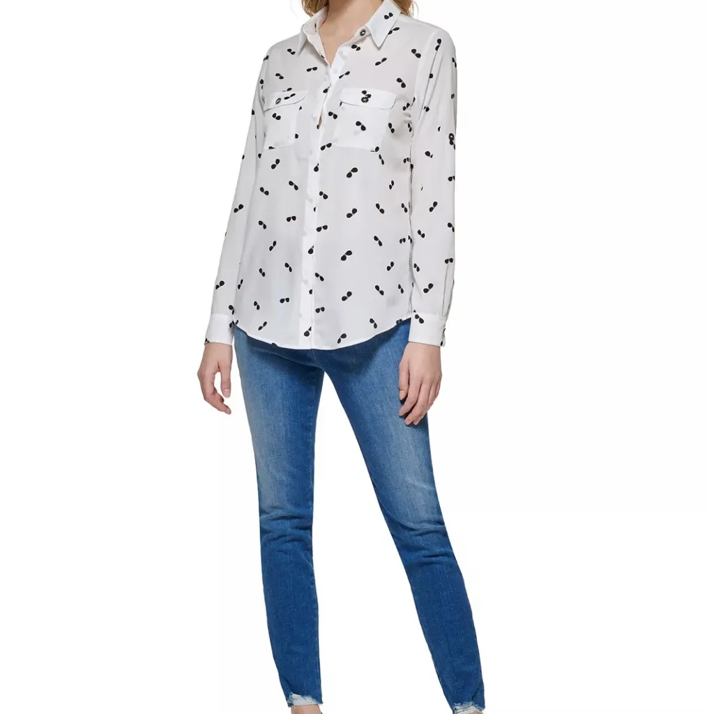 Karl Lagerfeld White Black Sunglasses Roll Tab Sleeve Button Up Collar Blouse XS - Image 2