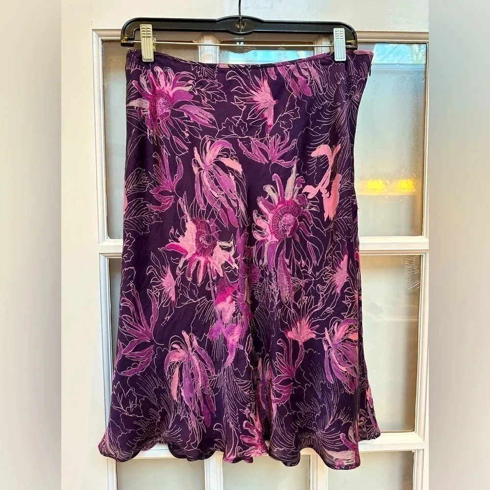 Ann Taylor | Purple Floral 100% Silk A-Line Pink Lined Skirt Size 4 Small S - Image 2