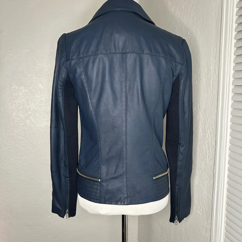 Blue Leather Motorcycle Jacket with Asymmetrical Zipper Trouvé Size XS - Image 4