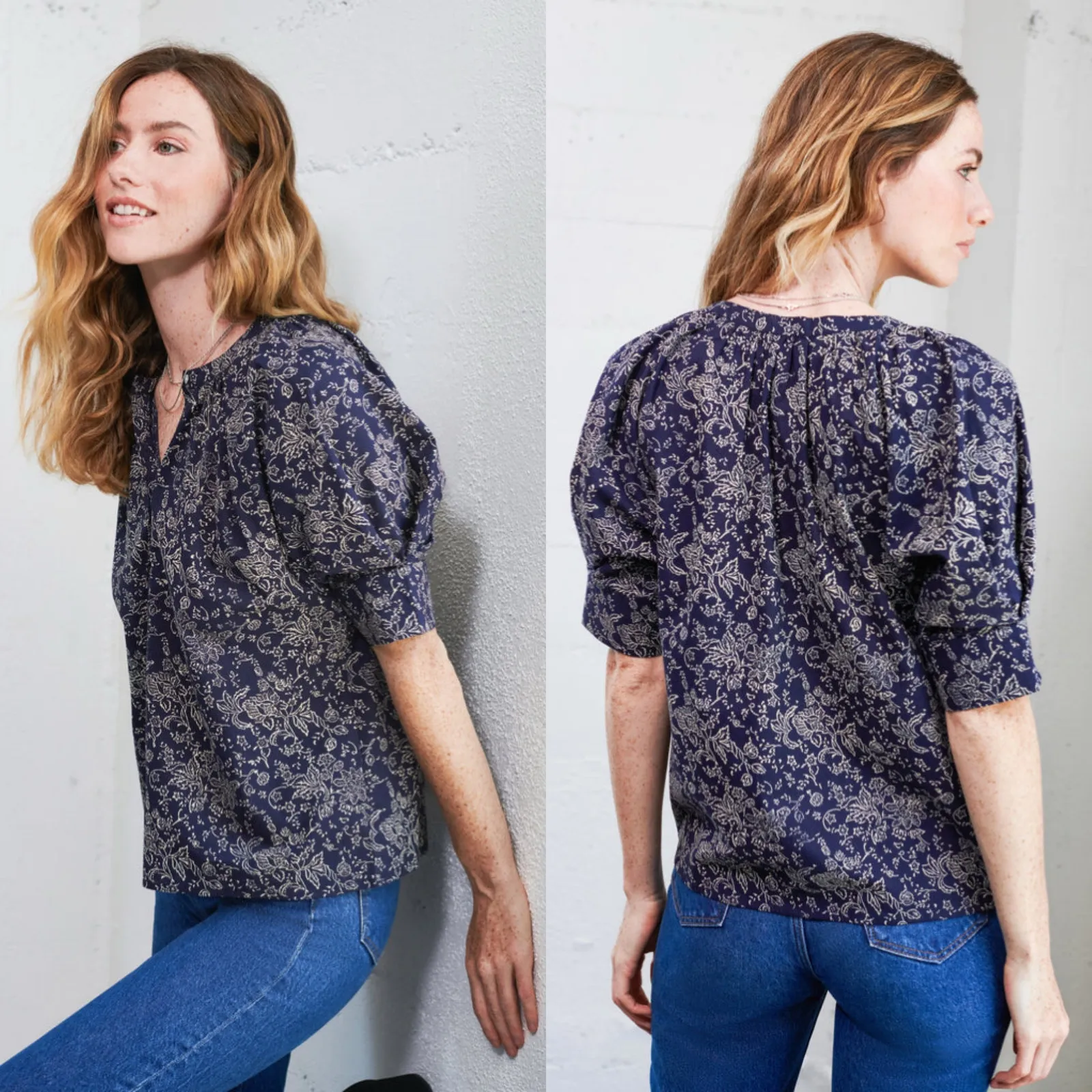 WVN Sienna Blouse Womens Small Organic Cotton Puff Sleeve Sustainable Ethical Blue - Image 9
