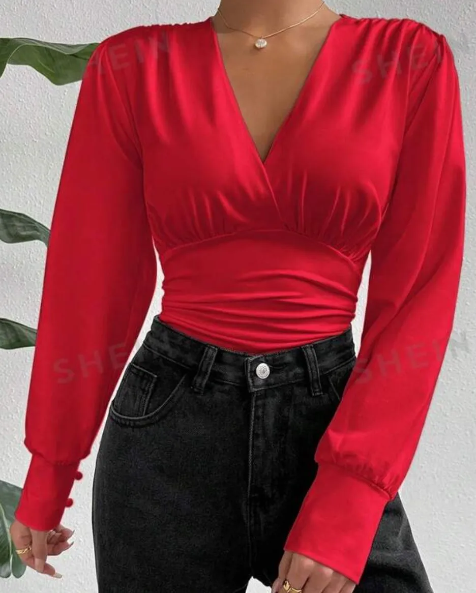 V-Neck Long Sleeve Elegant Bodysuit - Image 2