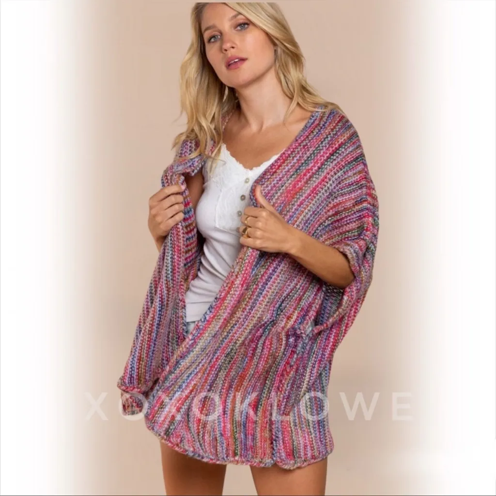 POL Red Rainbow Open Front Kimono Sweater M - Image 4