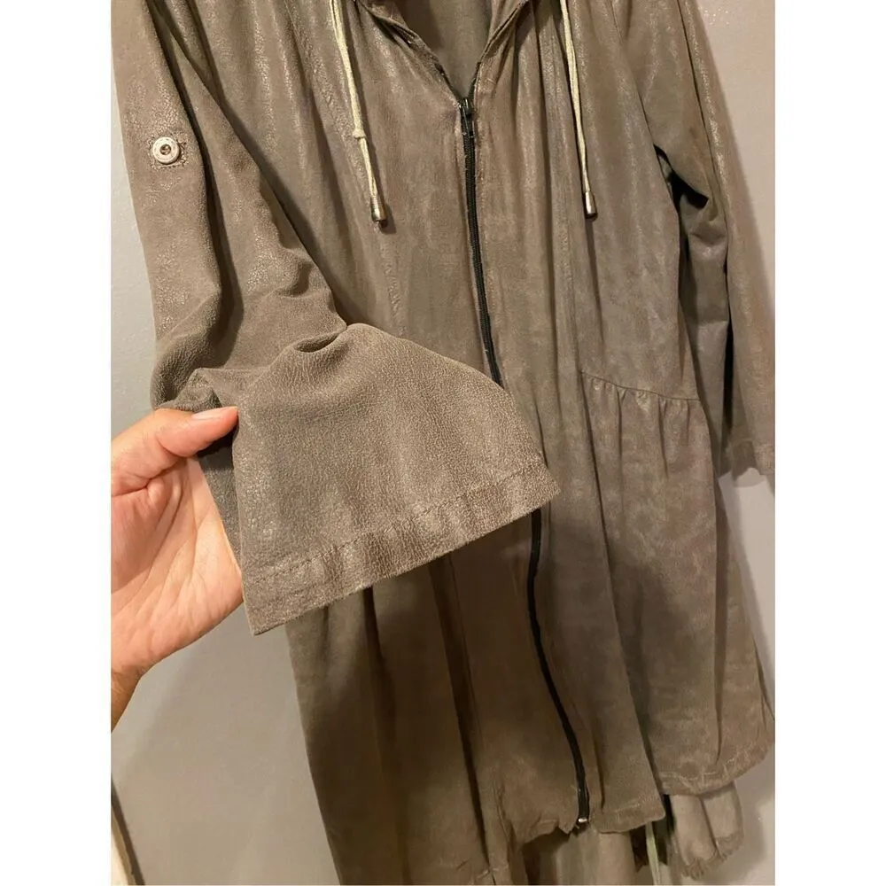 Miilla Womens Jacket Dress Taupe Faux Suede Anorak Drawstring Hoodie Large Gray - Image 4