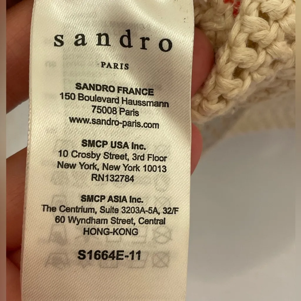 Sandro Paris Knit Steiped Cream and Multicolor Crochet Crew Neck Sweater Size 2 - Image 8