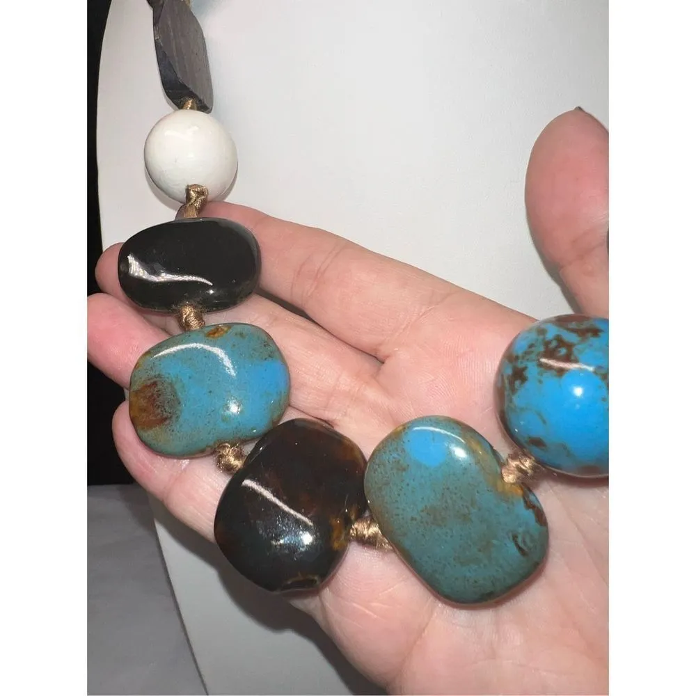 Vintage Large Multi Agate and Gemstone and Wood Beads on Taupe Tie Silk Ribbon Tan - Image 2