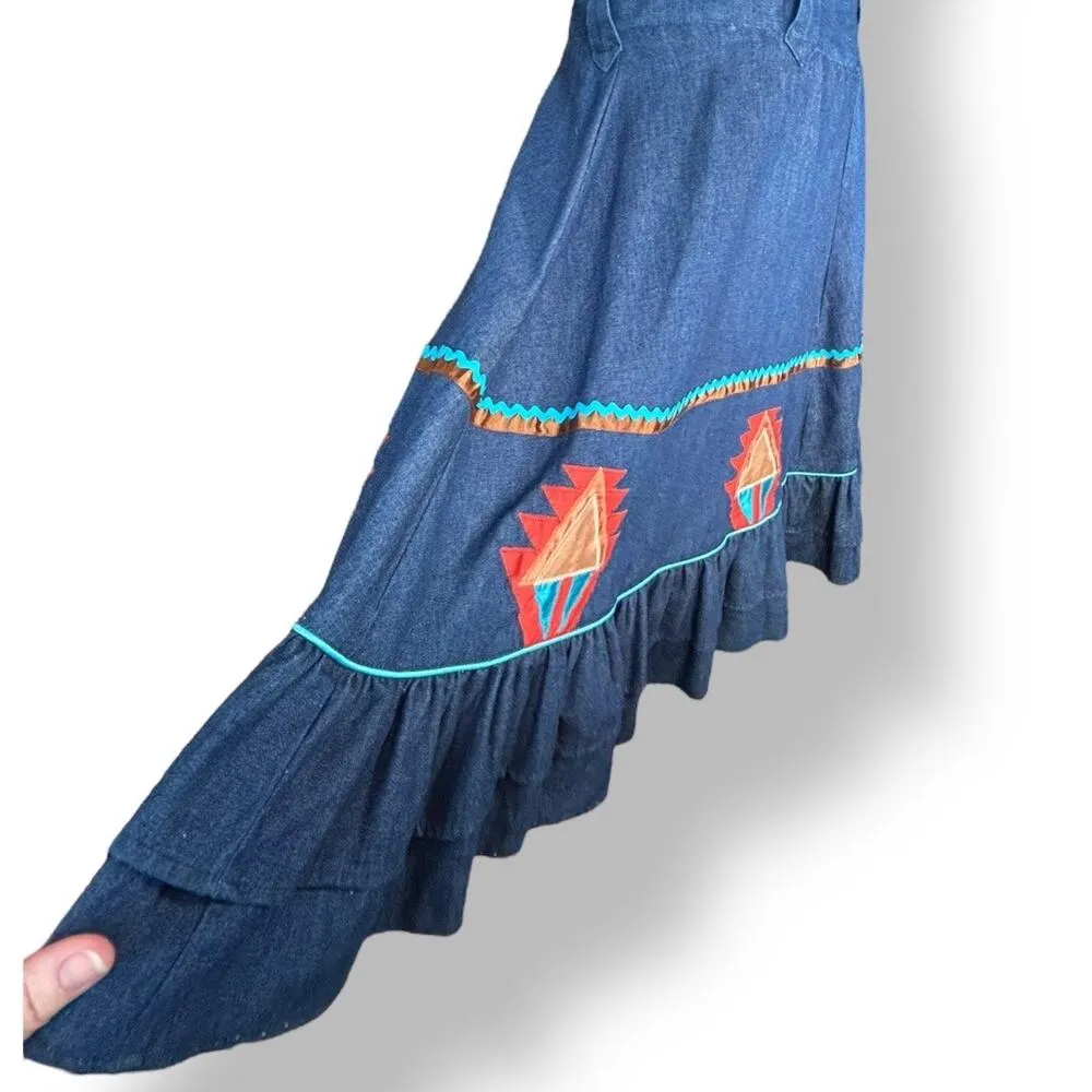 Vintage Handmade Southwest Denim Skirt Tiered Ruffle Hem Abstract Art Appliqué Blue Size L - Image 5
