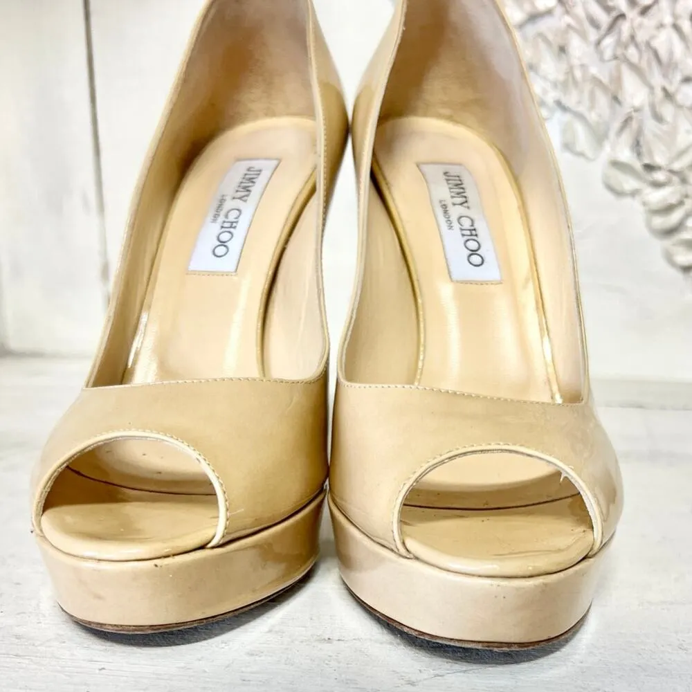 Jimmy Choo Crown Patent Leather Peep Toe Platform Pump Nude Womens Size 38.5 / 8 - Image 7