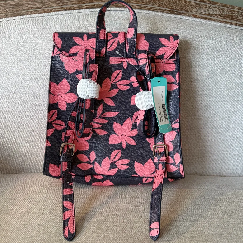 41 Hawthorn Blue and Pink Floral Faux Leather Flap Backpack NEW WITH TAGS - Image 2