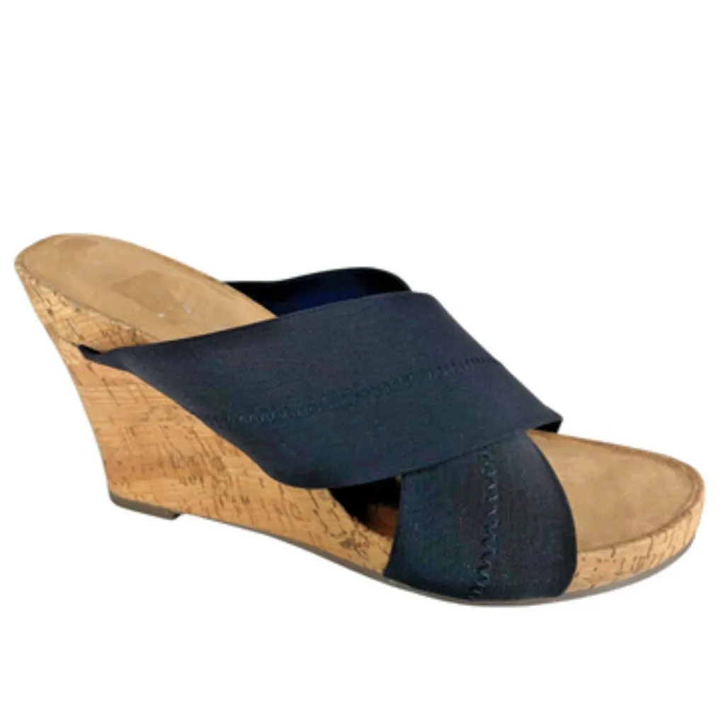 Party Plush Women's Black Stretch Open Toe Cork Wedge Sandal Size 9 - Image 2