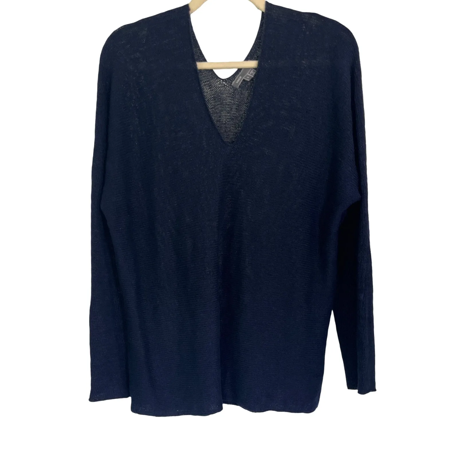 Vince 100% Linen V Neck/Back Sweater Navy Blue Lightweight Knit Size Large - Image 2
