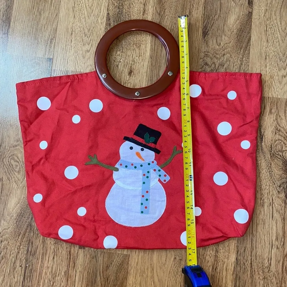 Handbag Red Tote Snowman Applique Round Handles Riveted Bag Polka Dots EUC OS - Image 4