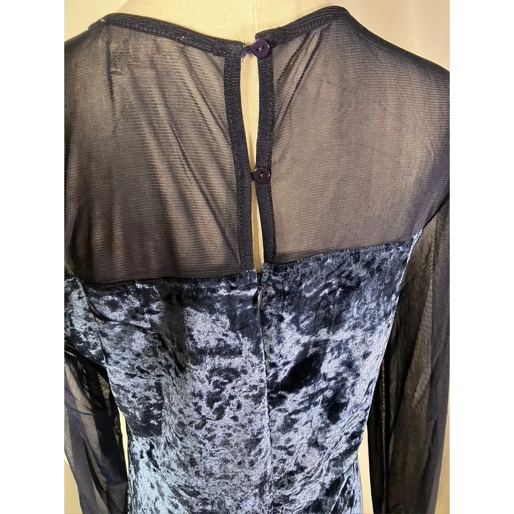 Entro Velvet Mesh Long Sleeve Gown Maxi Dress Blue Size L Evening Formal Holiday - Image 8