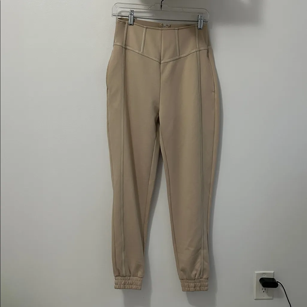 Maniere De Voir Beige Faux Leather Trim Joggers - Image 2