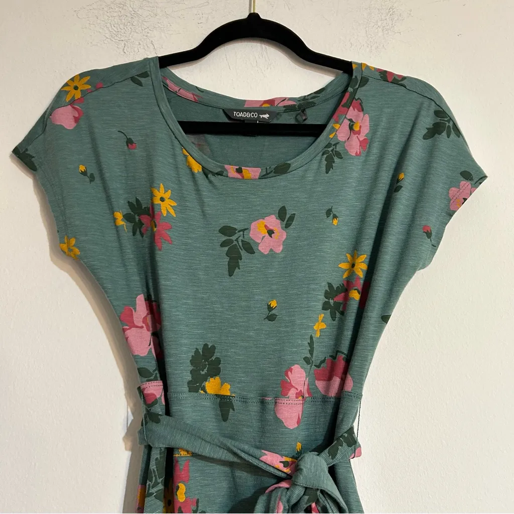 Toad&Co Cue Wrap Short Sleeve Jersey Knit Mini Dress Silver Pine Floral Size XS Blue - Image 5