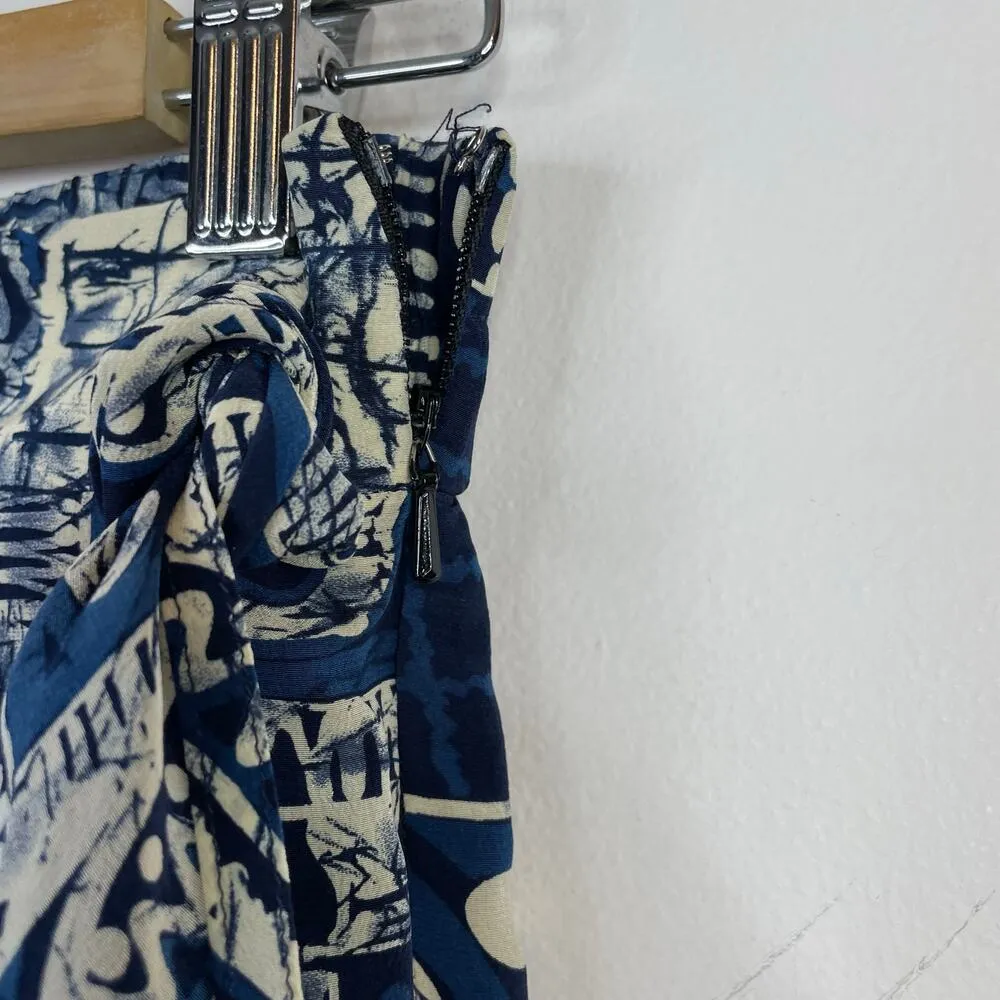 Vintage Silk Faux Wrap midi Skirt Blue Tribal Batik Artsy Tie Dye Patchwork L Size L - Image 5