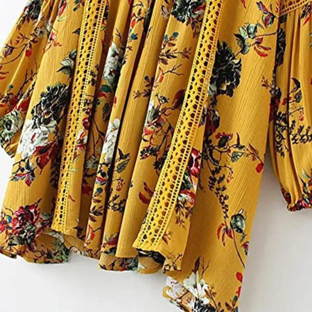 Womens Floral Boho Crochet Accent Lantern Sleeve Dress sz small Yellow - Image 4