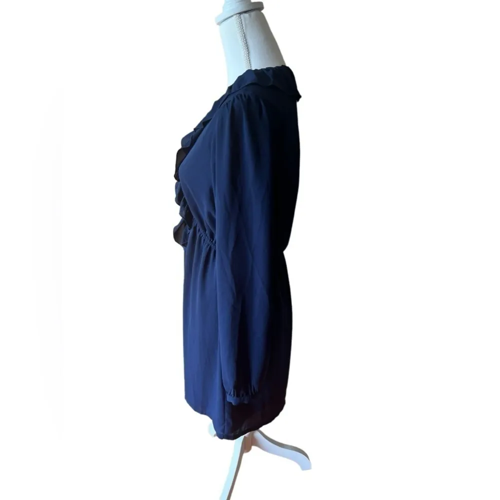 NEW About Us Navy Blue Ruffled Long Sleeve Plunging V-Neck Mini‎ Dress - Image 2