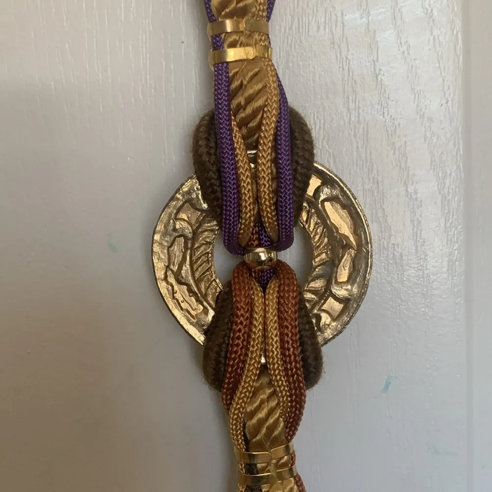 BELT..VINTAGE GOLD(BRASS) MEDALLION WITH OLIVE GREEN PURPLE GOLD BROWN ROPING - Image 6