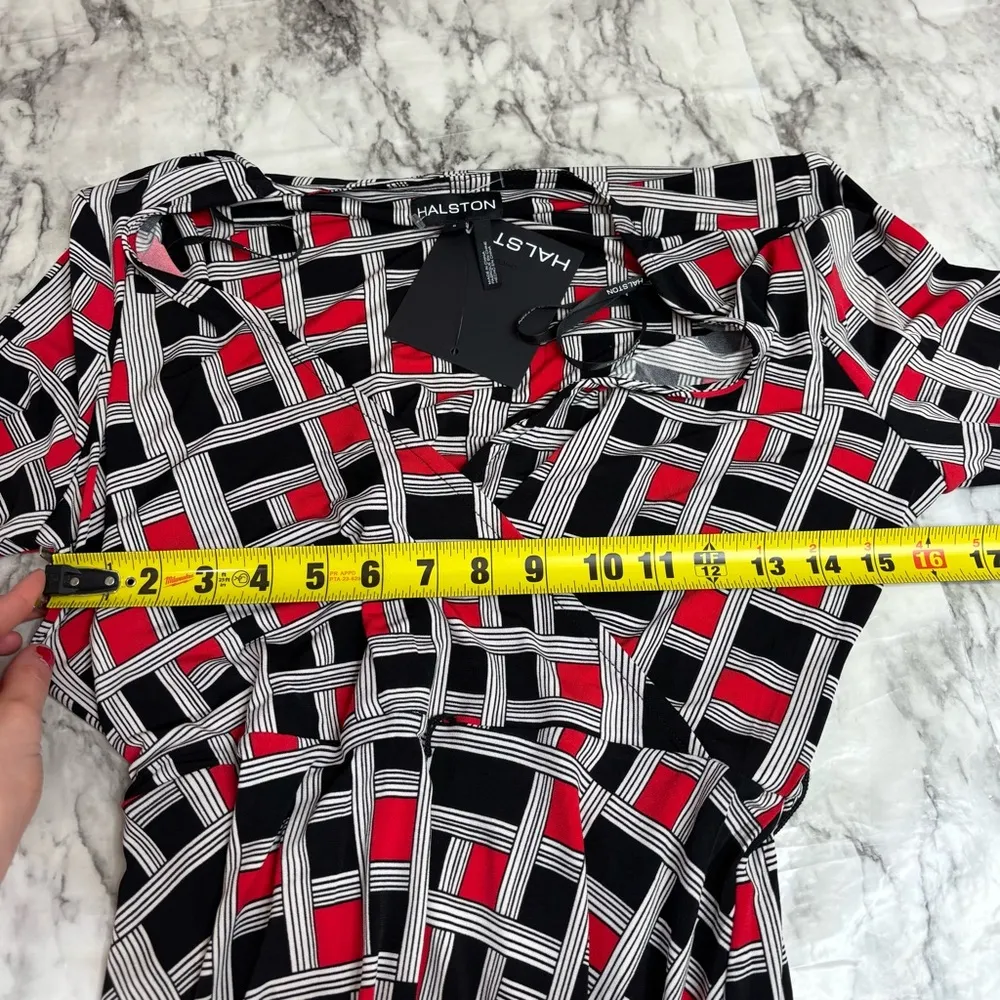 H by Halston V-Neck Faux Wrap Dress red black geometric print long sleeve NWT 6 - Image 5